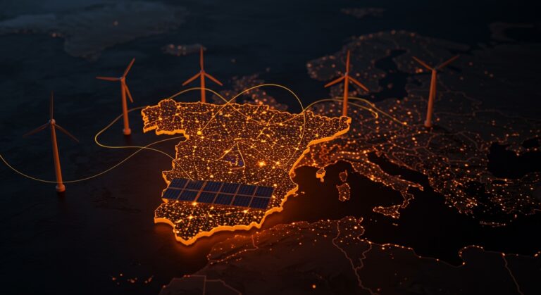 Representación visual de la resiliencia energética de España con renovables y políticas fiscales frente al impacto de la guerra en Irán en el precio de la luz.