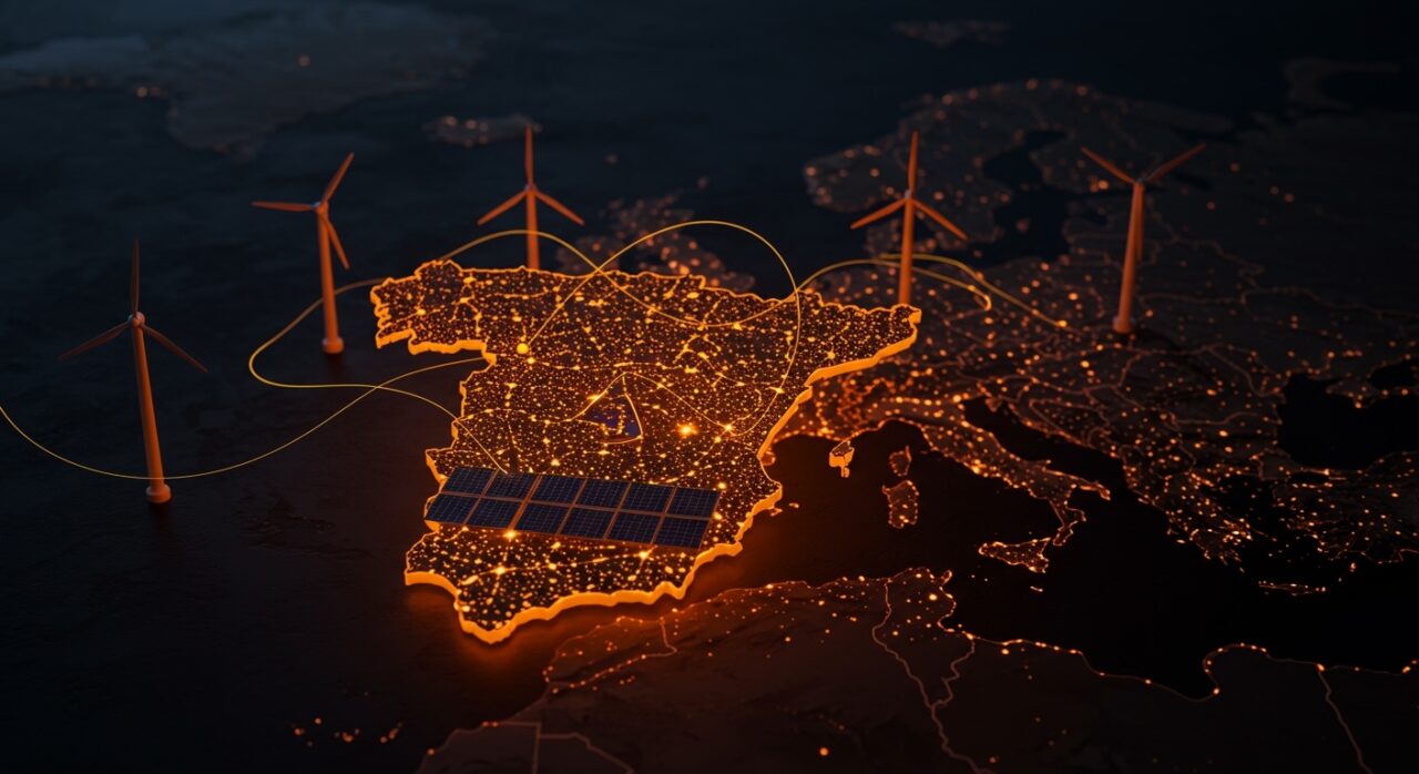 Representación visual de la resiliencia energética de España con renovables y políticas fiscales frente al impacto de la guerra en Irán en el precio de la luz.
