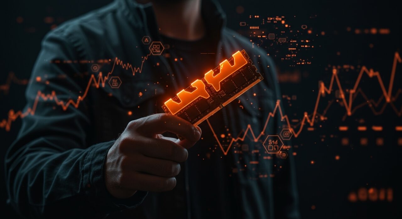 Módulo de memoria DDR5 en mano de fundador tecnológico con fondo abstracto de redes neuronales y datos representando la crisis y demanda en IA.