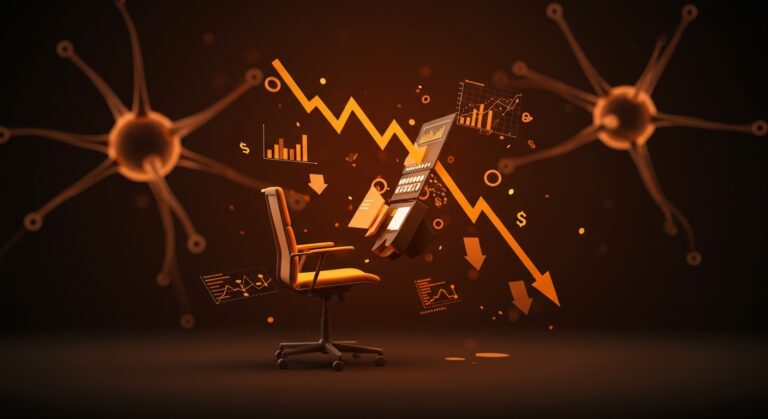 Ilustración del declive del modelo de precios por asiento en SaaS con metáforas visuales de pricing por uso y crecimiento tecnológico.