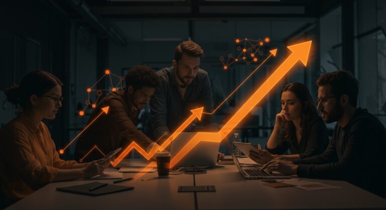 Equipos de startups navarras colaborando en espacio moderno con metáforas visuales de financiación, aceleración y viveros empresariales.