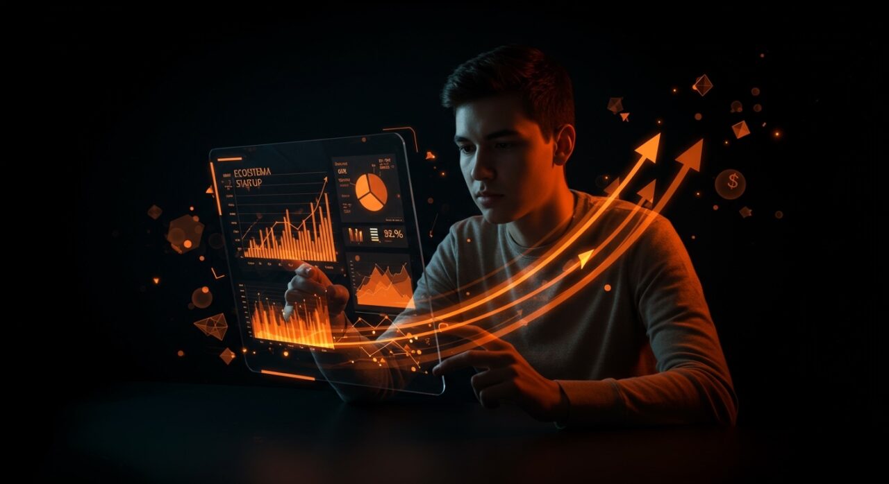 Emprendedor revisando interfaz digital con gráficos de financiación en startup, ilustrando préstamo ENISA para pymes innovadoras sin dilución de capital.