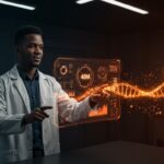 Fundador de biotecnología interactuando con interfaz holográfica de IA en ciencias de la vida, destacando innovación y valoración de startup Prezent Vivo.
