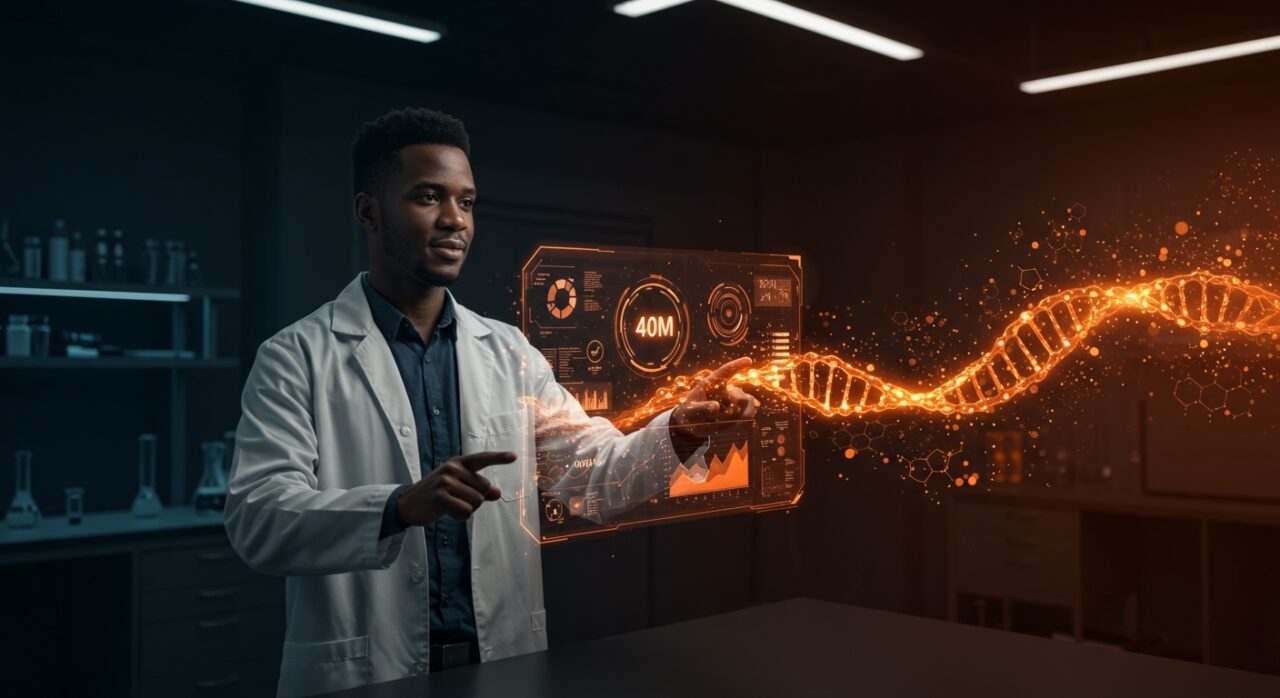 Fundador de biotecnología interactuando con interfaz holográfica de IA en ciencias de la vida, destacando innovación y valoración de startup Prezent Vivo.