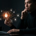 Fundador protegiendo la privacidad de sus notas en una aplicación de IA Granola con elementos visuales de seguridad y automatización.