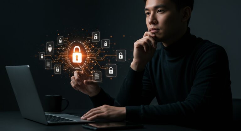 Fundador protegiendo la privacidad de sus notas en una aplicación de IA Granola con elementos visuales de seguridad y automatización.