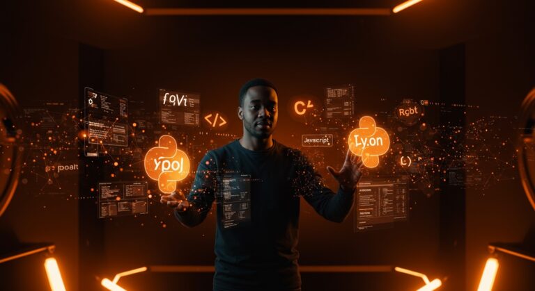 Founder tech en 2026 interactuando con iconos holográficos de lenguajes de programación en un entorno futurista resaltando IA y automatización.