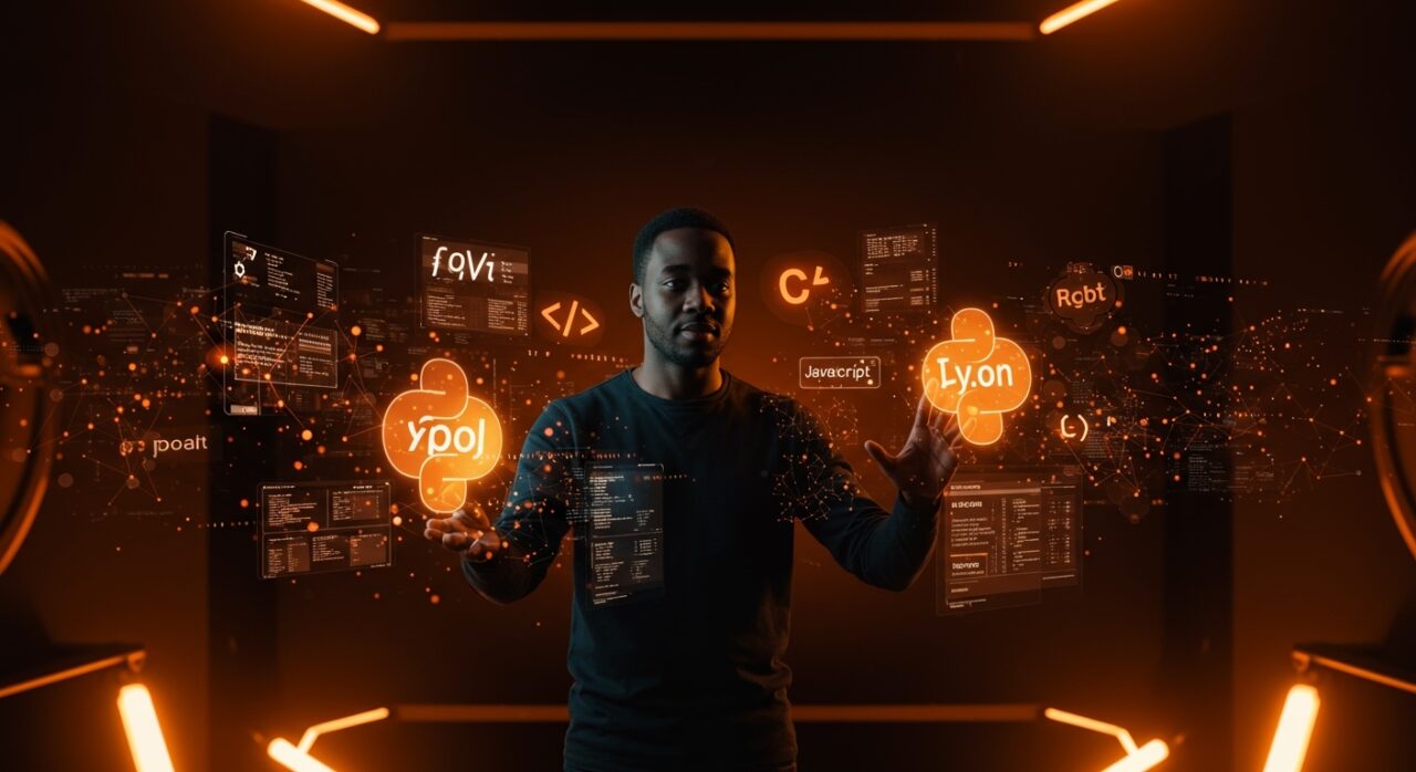 Founder tech en 2026 interactuando con iconos holográficos de lenguajes de programación en un entorno futurista resaltando IA y automatización.
