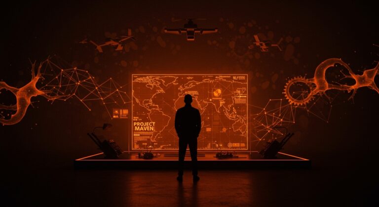 Imagen conceptual de IA militar y ética en Project Maven con símbolos tecnológicos y militares en tonos naranja y negro para Ecosistema Startup.