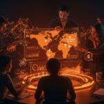 Founders de startups PropTech en LATAM colaborando sobre interfaz digital con datos de mercado y tendencias tecnológicas.