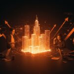 Fundadores de startups colaborando con tecnología inmobiliaria innovadora y visualizaciones digitales en PropTech Latam.