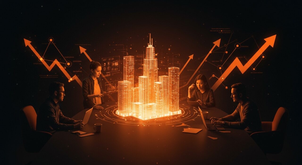 Fundadores de startups colaborando con tecnología inmobiliaria innovadora y visualizaciones digitales en PropTech Latam.
