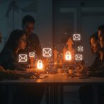 Imagen conceptual de correo cifrado en startups, destacando seguridad digital y privacidad con equipos colaborando en comunicaciones protegidas.