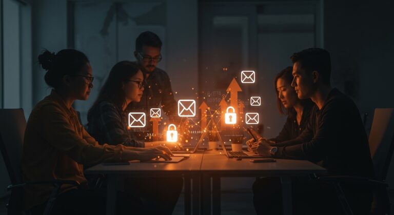 Imagen conceptual de correo cifrado en startups, destacando seguridad digital y privacidad con equipos colaborando en comunicaciones protegidas.