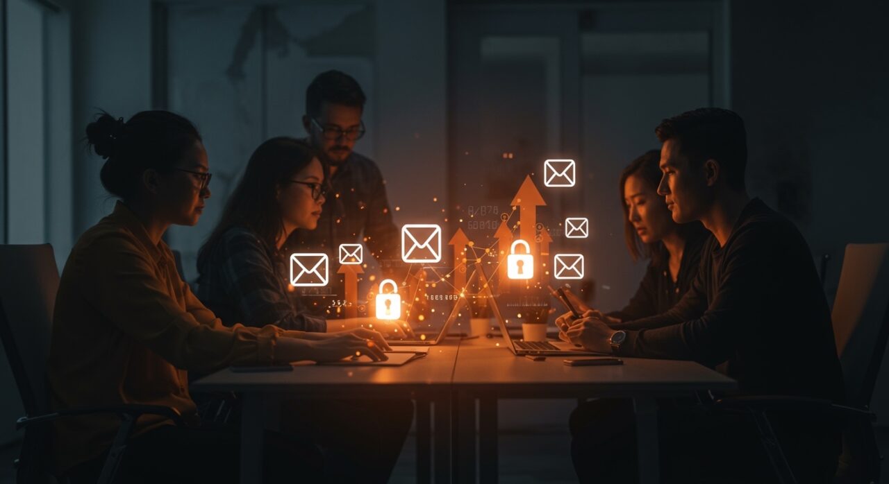 Imagen conceptual de correo cifrado en startups, destacando seguridad digital y privacidad con equipos colaborando en comunicaciones protegidas.