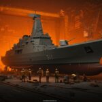 Proyecto F126 Alemania con fragata naval en construcción, reflejando retrasos, sobrecostos y desafíos en la gestión de proyectos militares.