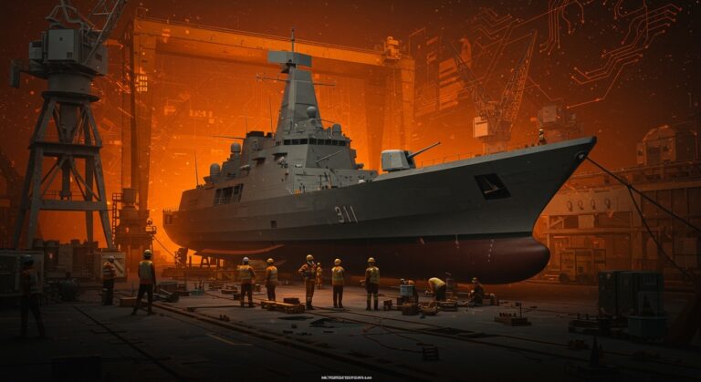 Proyecto F126 Alemania con fragata naval en construcción, reflejando retrasos, sobrecostos y desafíos en la gestión de proyectos militares.