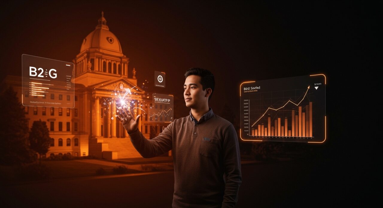 Fundador hispano de startup interactuando con datos holográficos de ventas B2G y financiación de govtech respaldada por Bill Gurley.