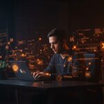 Startup founder utilizando Pu.sh, un agente de código en shell para automatización IA y herramientas dev en un entorno tecnológico moderno.