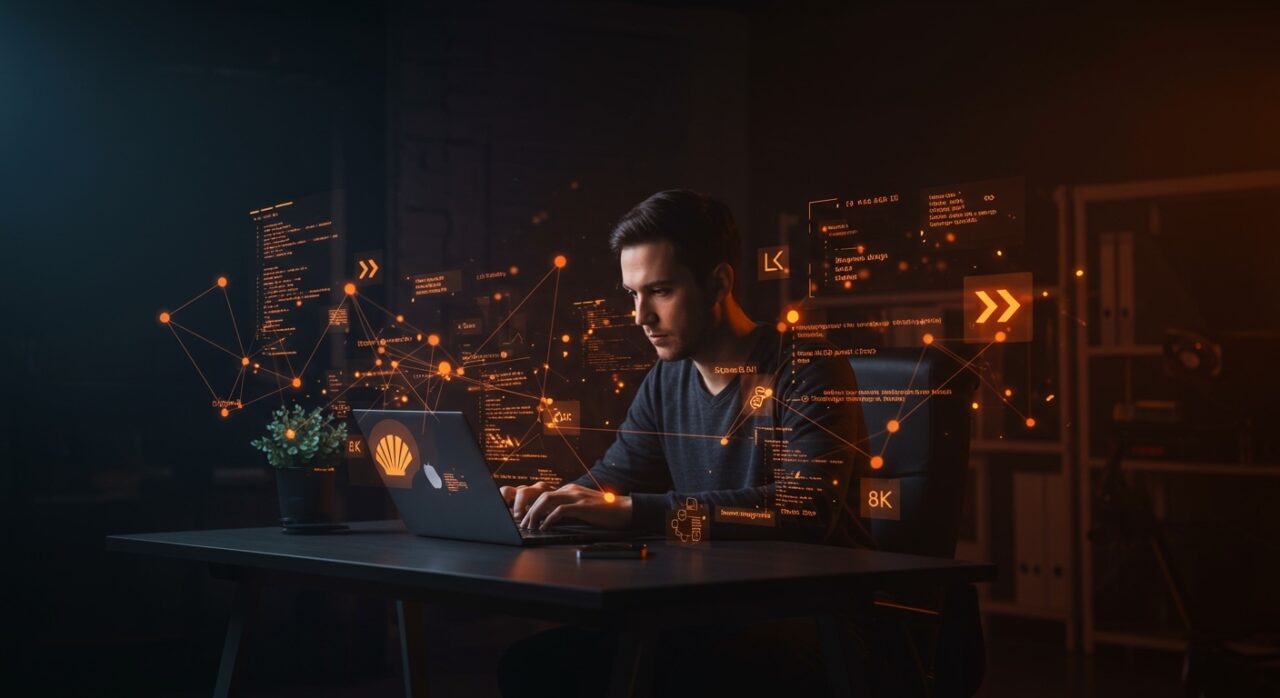 Startup founder utilizando Pu.sh, un agente de código en shell para automatización IA y herramientas dev en un entorno tecnológico moderno.