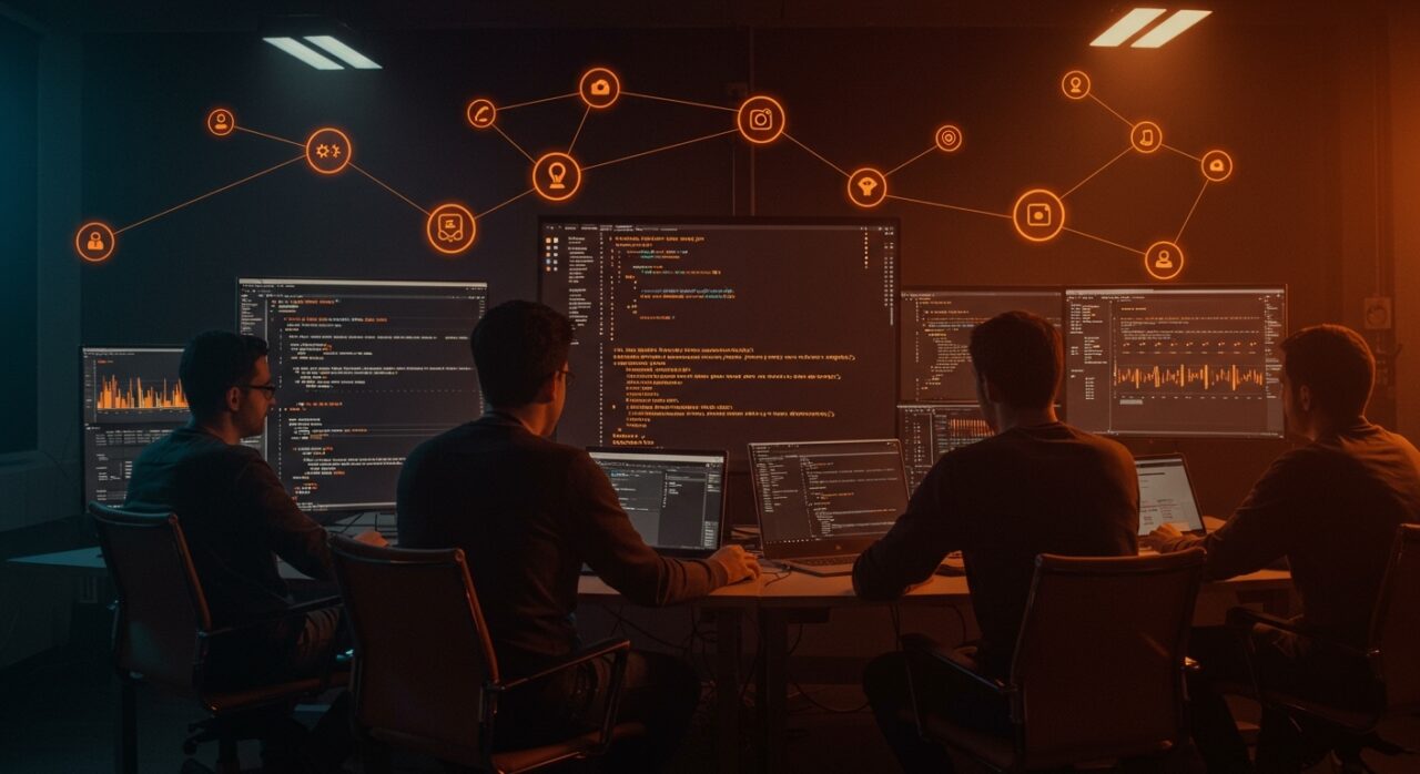 Fundadores de startups trabajando con Python async y concurrencia determinista para automatización y backend resiliente en tecnología.
