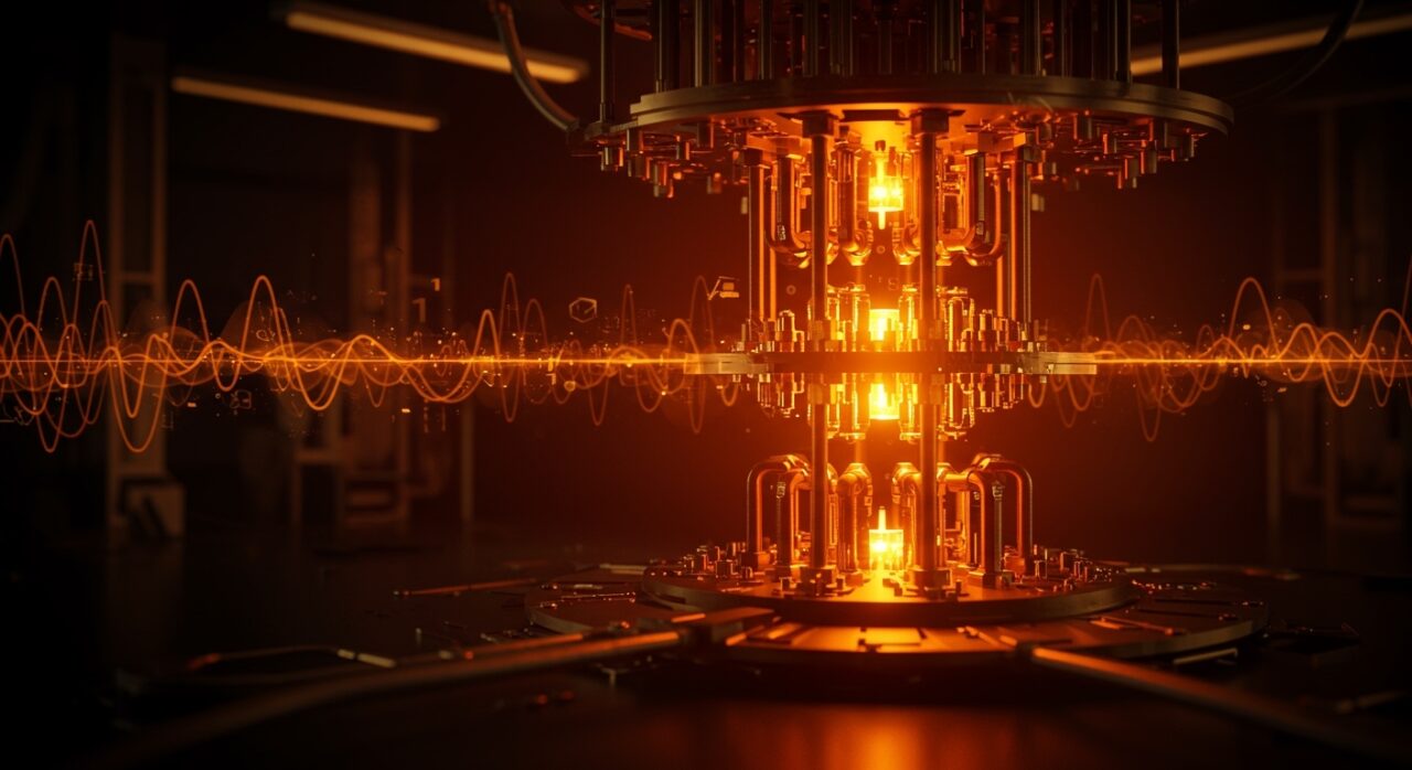Chip cuántico superconductores iluminado con qubits y flujos de datos representando la medición ultrarrápida de la tasa de relajación T1 en hardware cuántico.