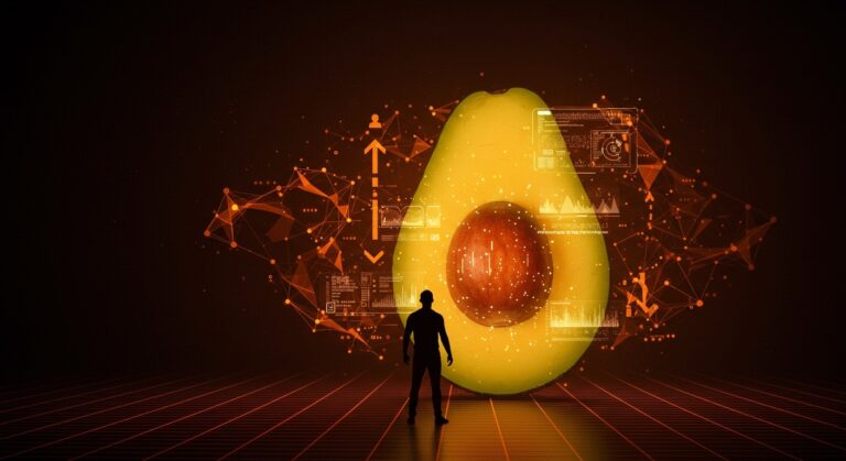 Representación visual del modelo AI Avocado de Meta con un fundador tecnológico frente a una interfaz digital en forma de aguacate, simbolizando innovación y desarrollo en inteligencia artificial.
