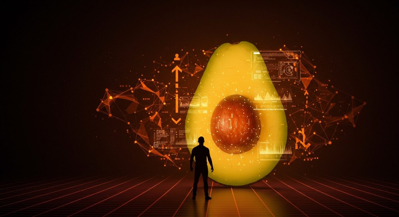 Representación visual del modelo AI Avocado de Meta con un fundador tecnológico frente a una interfaz digital en forma de aguacate, simbolizando innovación y desarrollo en inteligencia artificial.