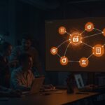 Colaboración de founders de startups usando Zapier para automatización sin código e integración de aplicaciones con IA en un entorno tecnológico moderno.