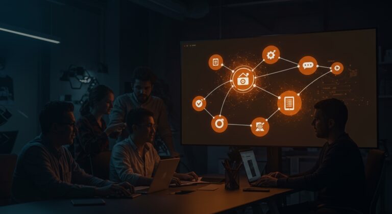 Colaboración de founders de startups usando Zapier para automatización sin código e integración de aplicaciones con IA en un entorno tecnológico moderno.