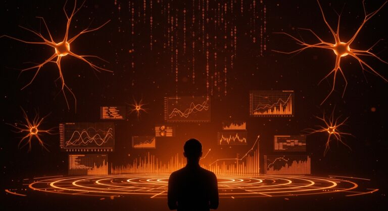 Fundador tech observando datos e inteligencia artificial, simbolizando inversión y retorno en startups tecnológicas del mercado S&P 500.