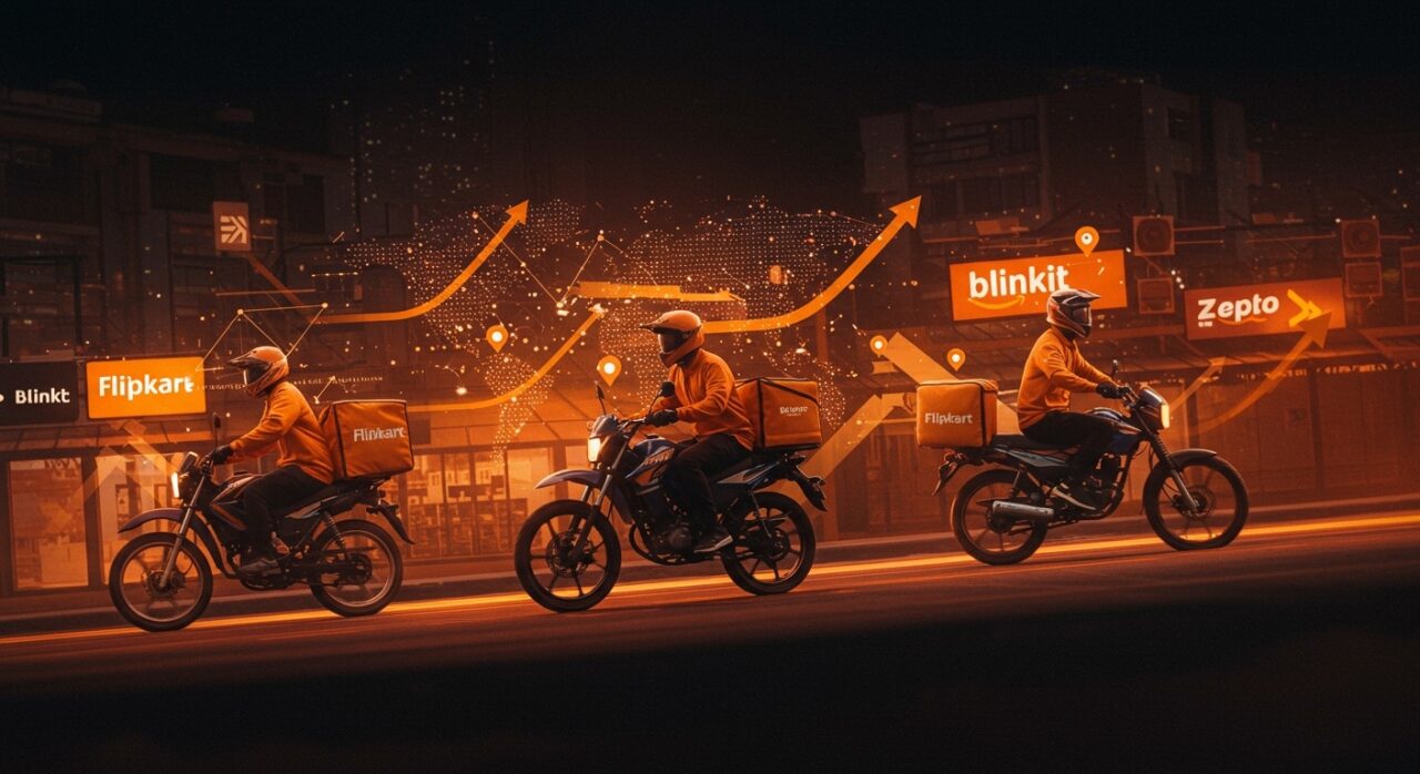 Competencia de quick commerce en India entre Walmart Flipkart, Amazon y startups como Blinkit y Zepto mostrando logística ultrarrápida y dark stores.