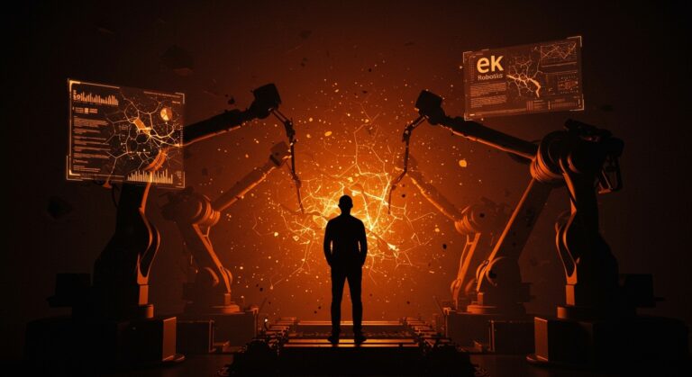 Imagen conceptual sobre la quiebra de ek robotics, mostrando simbolismo de automatización, IA e insolvencia en el mercado de la robótica europea.