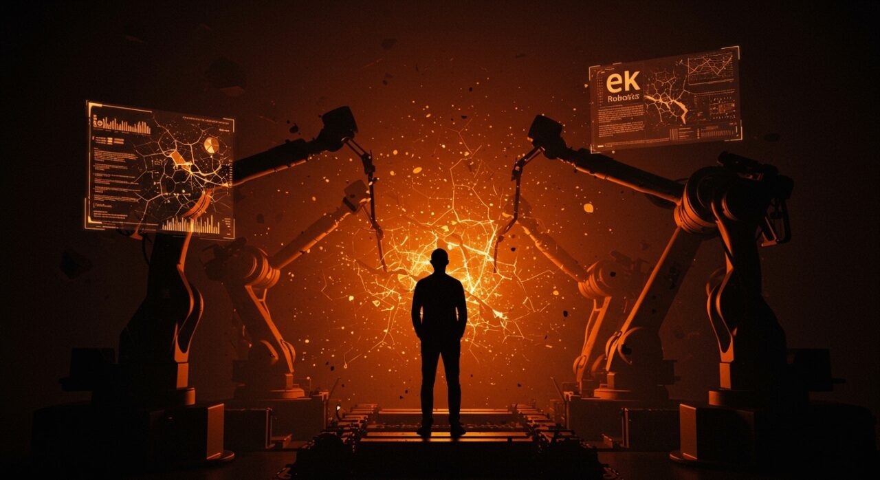 Imagen conceptual sobre la quiebra de ek robotics, mostrando simbolismo de automatización, IA e insolvencia en el mercado de la robótica europea.