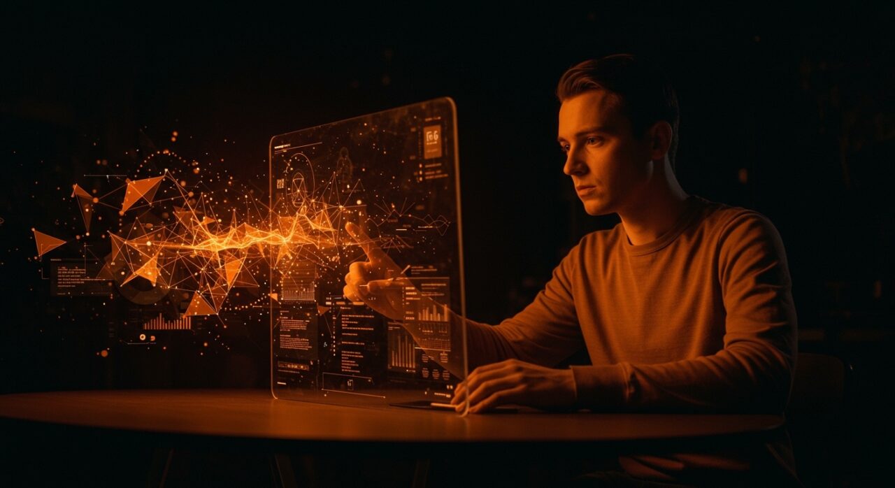 Startup founder interactuando con interfaz digital futurista que representa IA aplicada, desarrollo frontend y automatización para startups.