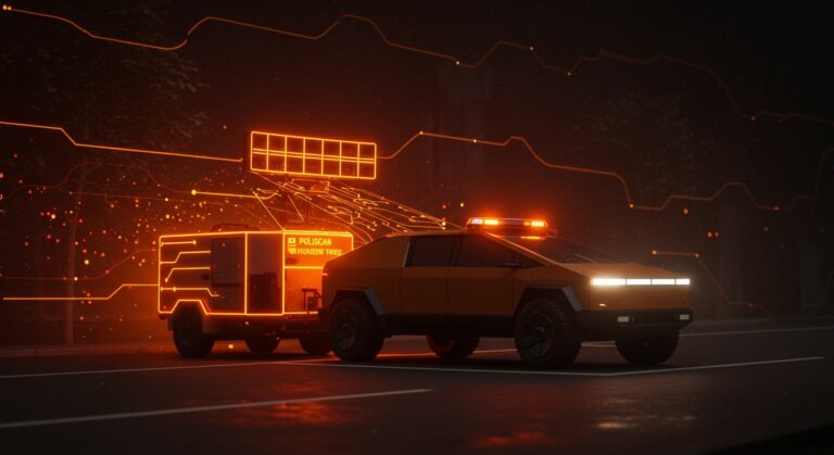 Radar Cybertruck Poliscan ensamblado en carretera catalana mostrando tecnología autónoma para control de velocidad y seguridad vial en España.