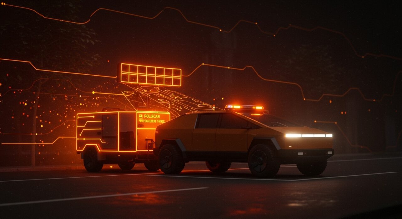 Radar Cybertruck Poliscan ensamblado en carretera catalana mostrando tecnología autónoma para control de velocidad y seguridad vial en España.