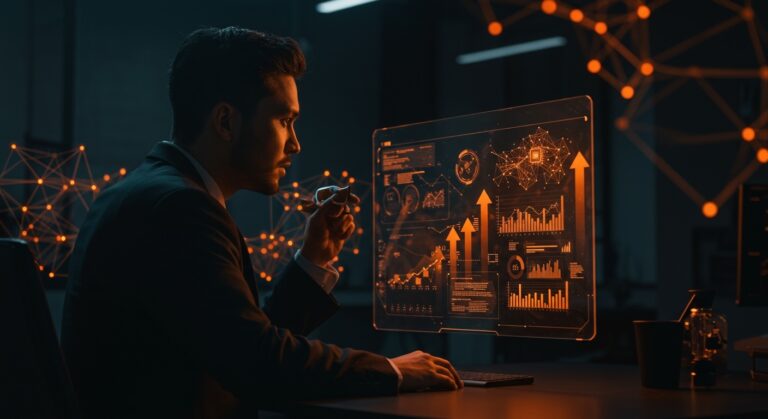 Líder empresarial interactuando con sistemas híbridos RAG y arquitectura de datos en startup de inteligencia artificial en 2026.