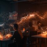 Desarrolladores colaborando en un entorno tecnológico con interfaces holográficas que representan la comunidad Ruby on Rails y tendencias de IA para startups.