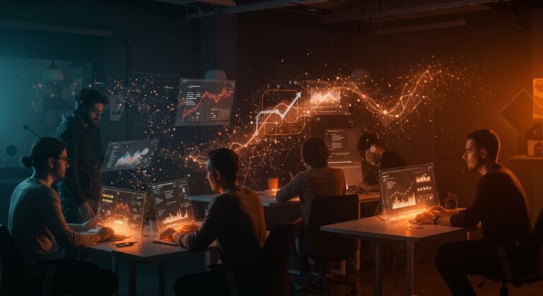 Desarrolladores colaborando en un entorno tecnológico con interfaces holográficas que representan la comunidad Ruby on Rails y tendencias de IA para startups.