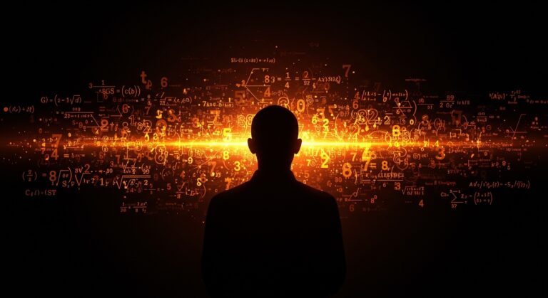 Matemáticas intuitivas de Ramanujan con fórmulas flotantes y IA descifrando innovación tecnológica para startups.