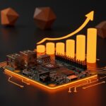 Raspberry Pi 5 destacada con iluminación naranja y gráfica ascendente, ilustrando la subida de precios y tendencias en hardware open source para startups y proyectos DIY en 2026.