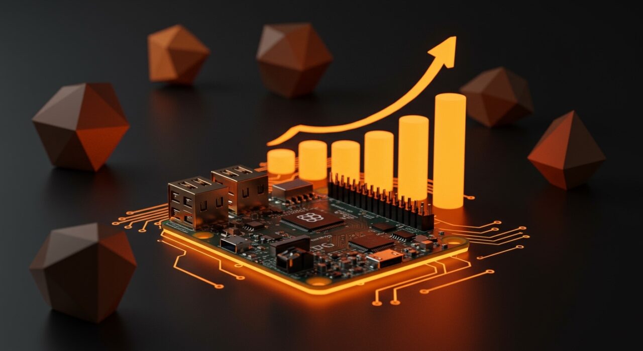 Raspberry Pi 5 destacada con iluminación naranja y gráfica ascendente, ilustrando la subida de precios y tendencias en hardware open source para startups y proyectos DIY en 2026.