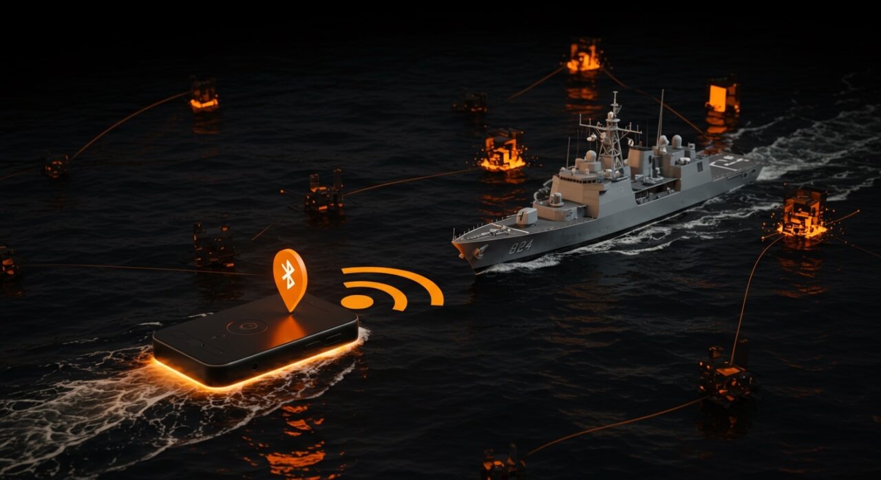 Dispositivo rastreador Bluetooth siguiendo una fragata NATO, ilustrando ciberseguridad física y protocolos para startups tecnológicas.