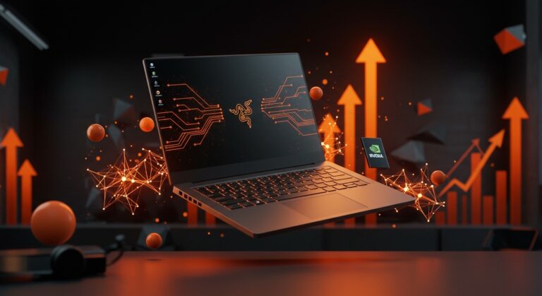 Portátil gaming Razer Blade 16 con Intel Panther Lake y Nvidia RTX en un entorno tecnológico innovador para IA y startups.