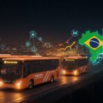 Flota de buses eléctricos de Reborn Electric Motors exportando a Brasil, simbolizando la expansión internacional y la innovación en movilidad eléctrica para startups LATAM.
