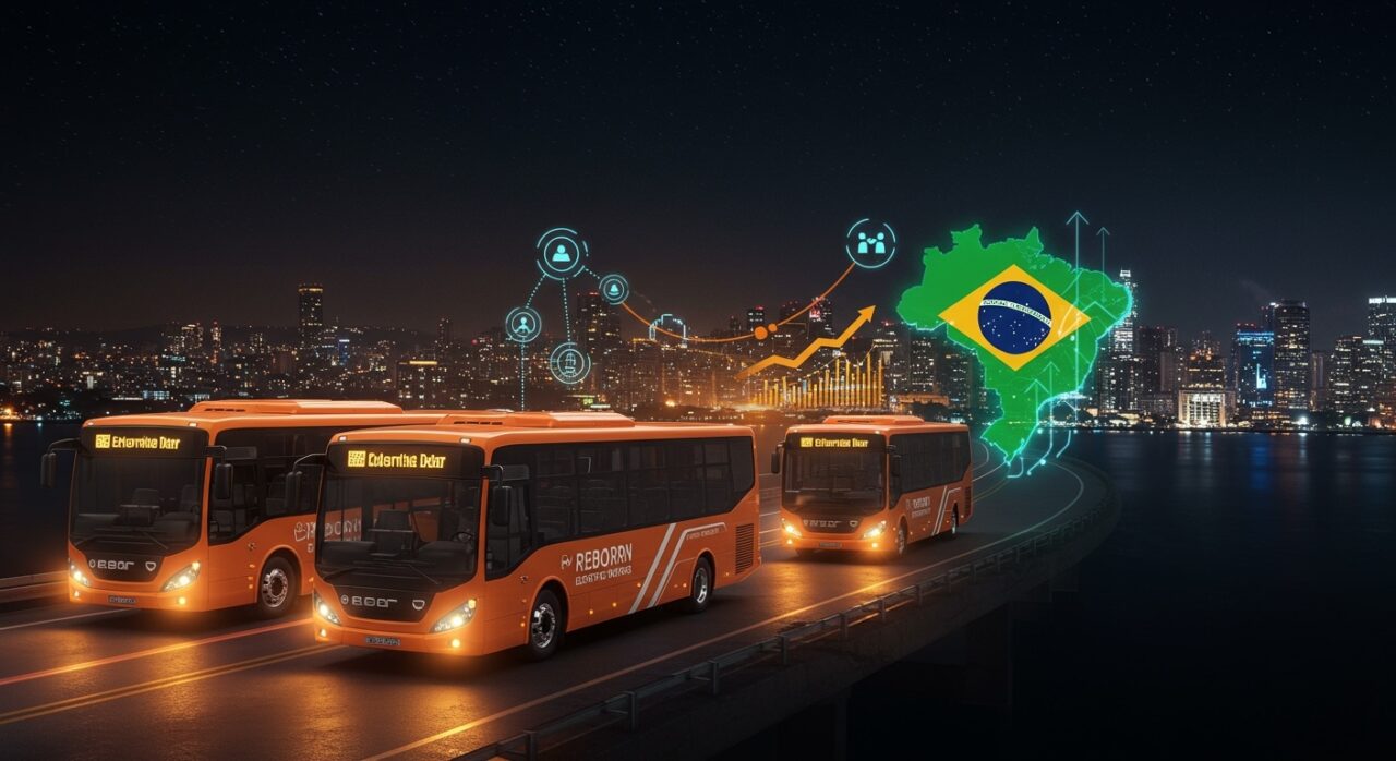 Flota de buses eléctricos de Reborn Electric Motors exportando a Brasil, simbolizando la expansión internacional y la innovación en movilidad eléctrica para startups LATAM.