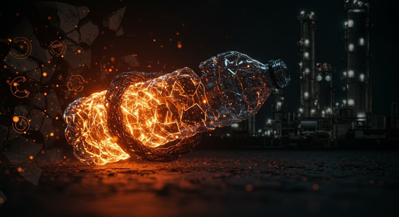 Representación visual del bajo reciclaje de plástico con metáforas de fraude, economía circular y soluciones de startups en la industria petroquímica.