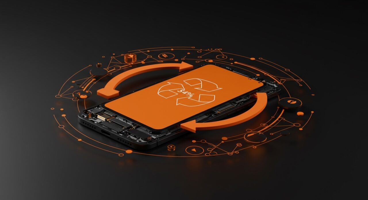 Dispositivo electrónico reciclándose con iconos de economía circular en colores naranja y negro, simbolizando reciclaje de RAEE y oportunidades para startups tech.