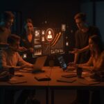 Profesionales de startup colaborando en la reconversión del talento mediante reskilling y competencias digitales en un entorno tecnológico avanzado.